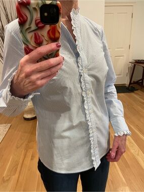 Boden Light Blue and White Striped Ruffle-Trim Button Down Shirt